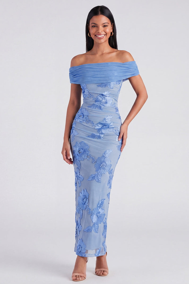 Laden Sie das Bild in den Galerie-Viewer, Off-the-shoulder gelbes, bodycon-appliquiertes Maxi-Blumenkleid mit Schlitz