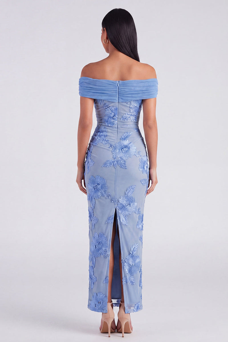 Laden Sie das Bild in den Galerie-Viewer, Off-the-shoulder gelbes, bodycon-appliquiertes Maxi-Blumenkleid mit Schlitz