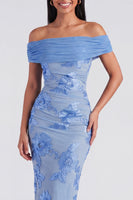Laden Sie das Bild in den Galerie-Viewer, Off-the-shoulder gelbes, bodycon-appliquiertes Maxi-Blumenkleid mit Schlitz