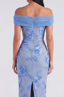 Laden Sie das Bild in den Galerie-Viewer, Off-the-shoulder gelbes, bodycon-appliquiertes Maxi-Blumenkleid mit Schlitz