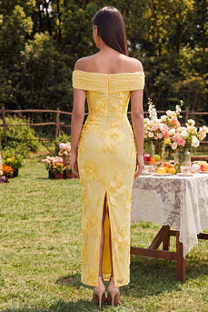 Off-the-shoulder gelbes, bodycon-appliquiertes Maxi-Blumenkleid mit Schlitz
