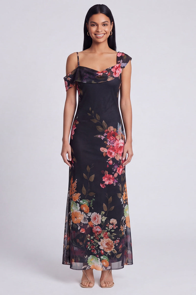 Laden Sie das Bild in den Galerie-Viewer, Schwarzes, asymmetrisches Tüll-Muster Maxi-Blumenkleid