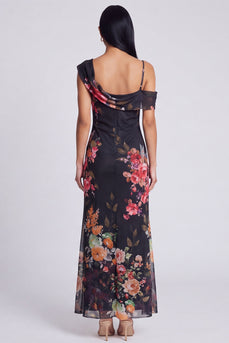 Schwarzes, asymmetrisches Tüll-Muster Maxi-Blumenkleid