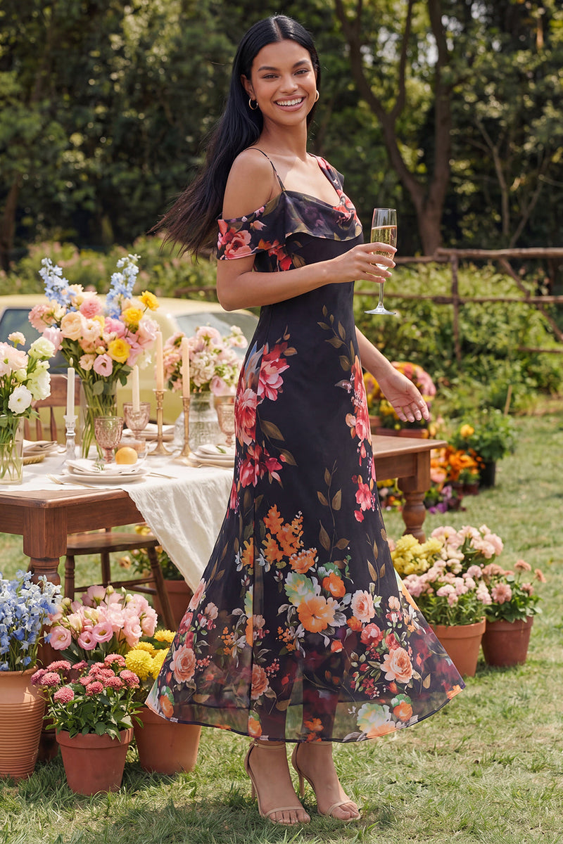 Laden Sie das Bild in den Galerie-Viewer, Schwarzes, asymmetrisches Tüll-Muster Maxi-Blumenkleid