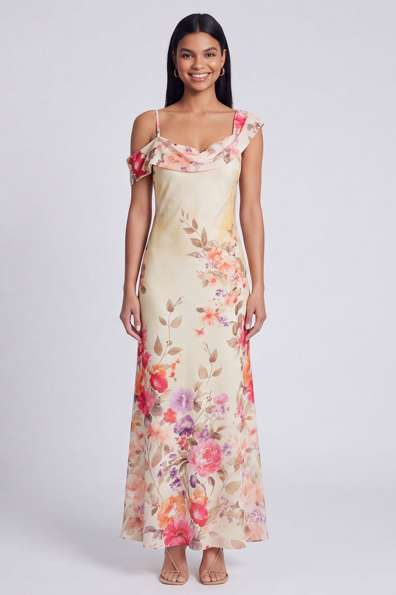 Laden Sie das Bild in den Galerie-Viewer, Schwarzes, asymmetrisches Tüll-Muster Maxi-Blumenkleid