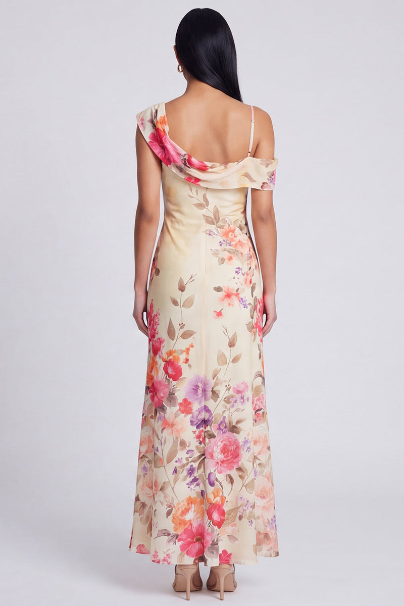Laden Sie das Bild in den Galerie-Viewer, Schwarzes, asymmetrisches Tüll-Muster Maxi-Blumenkleid