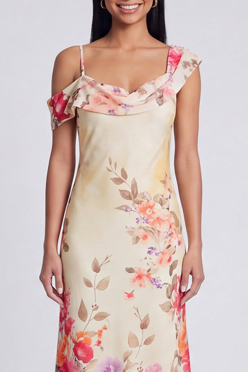 Laden Sie das Bild in den Galerie-Viewer, Schwarzes, asymmetrisches Tüll-Muster Maxi-Blumenkleid