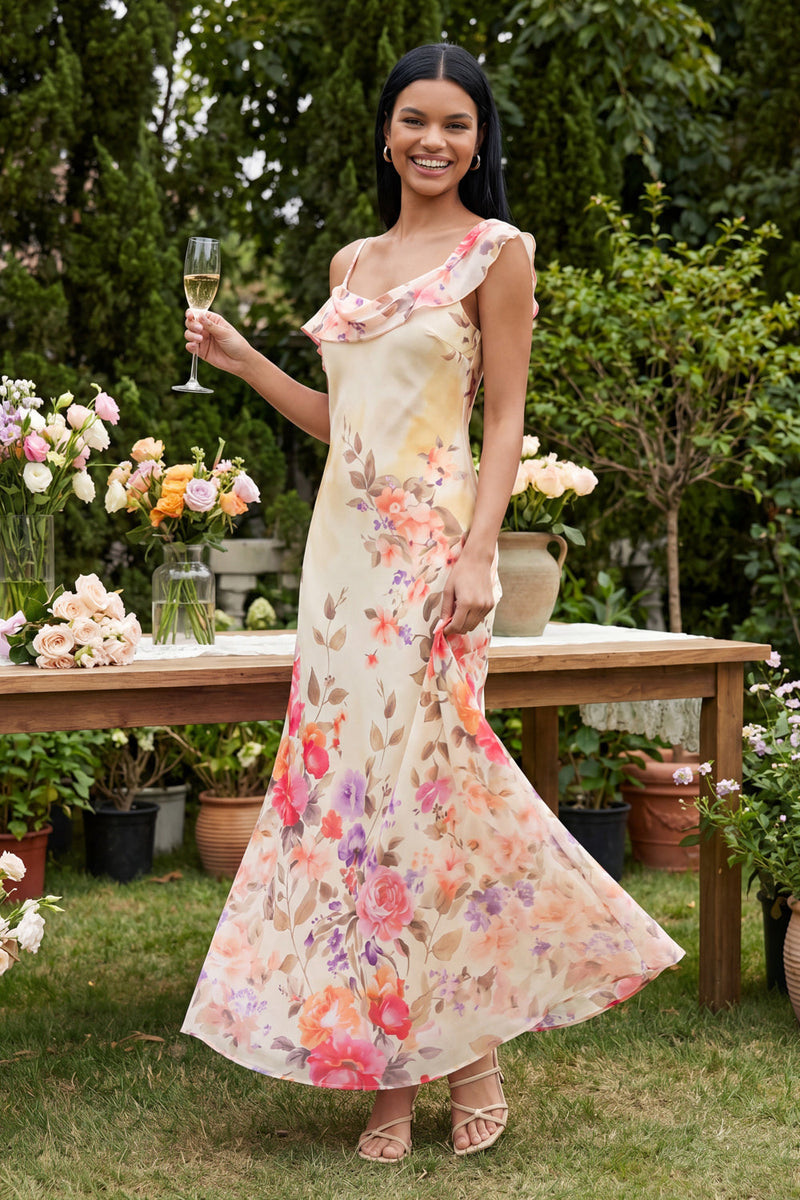 Laden Sie das Bild in den Galerie-Viewer, Schwarzes, asymmetrisches Tüll-Muster Maxi-Blumenkleid