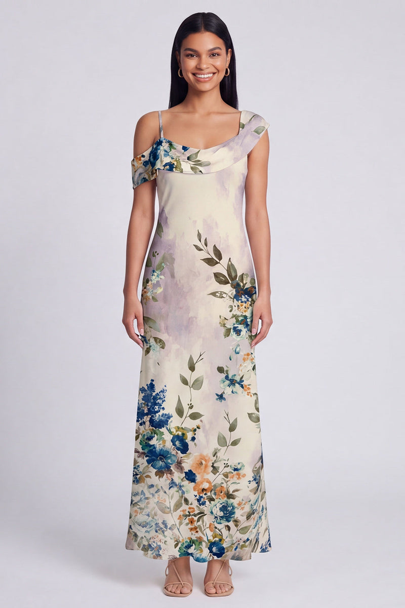 Laden Sie das Bild in den Galerie-Viewer, Schwarzes, asymmetrisches Tüll-Muster Maxi-Blumenkleid