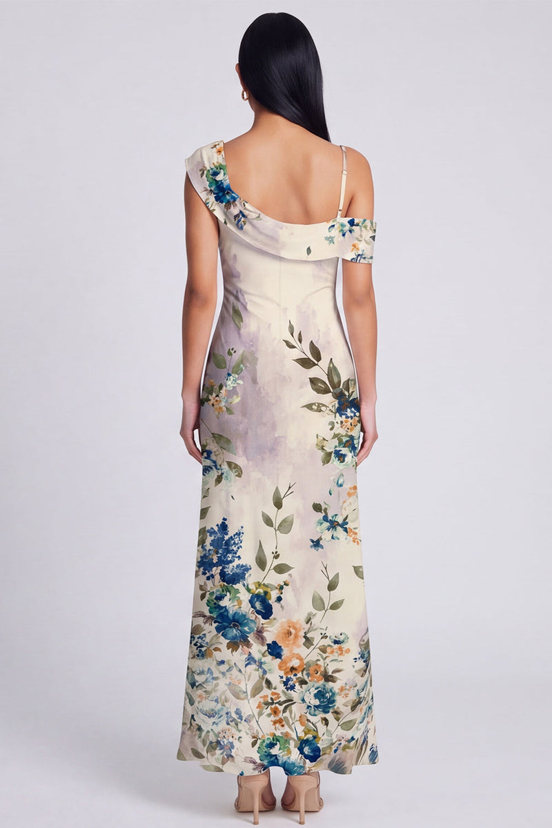 Laden Sie das Bild in den Galerie-Viewer, Schwarzes, asymmetrisches Tüll-Muster Maxi-Blumenkleid