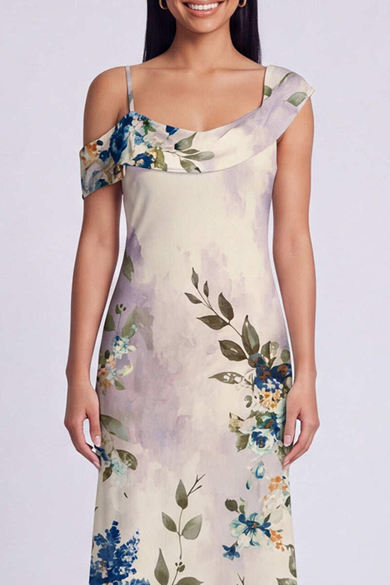 Laden Sie das Bild in den Galerie-Viewer, Schwarzes, asymmetrisches Tüll-Muster Maxi-Blumenkleid