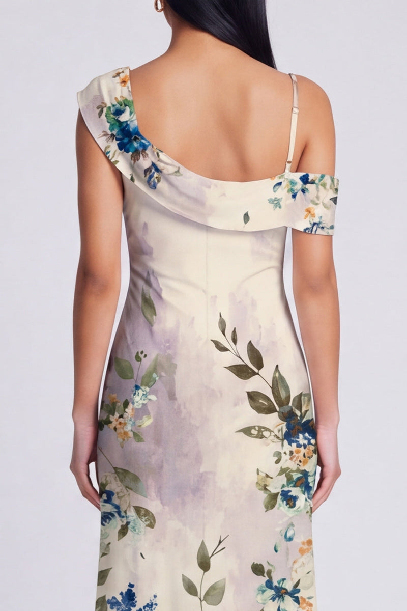 Laden Sie das Bild in den Galerie-Viewer, Schwarzes, asymmetrisches Tüll-Muster Maxi-Blumenkleid