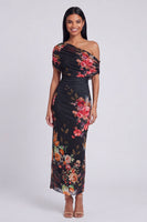 Laden Sie das Bild in den Galerie-Viewer, Schwarzes Tüll-Bodycon-Muster mit Blumen-Maxikleid