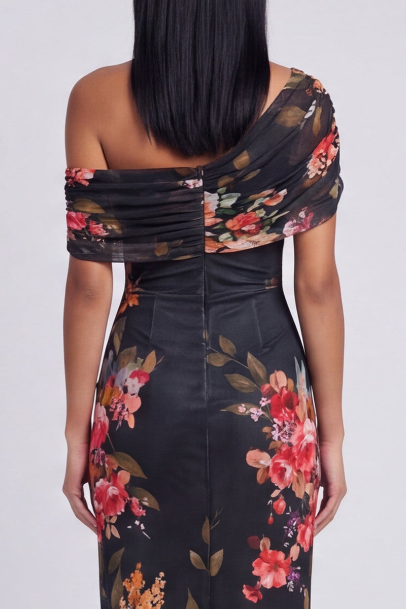 Laden Sie das Bild in den Galerie-Viewer, Schwarzes Tüll-Bodycon-Muster mit Blumen-Maxikleid