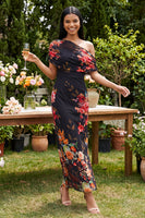 Laden Sie das Bild in den Galerie-Viewer, Schwarzes Tüll-Bodycon-Muster mit Blumen-Maxikleid