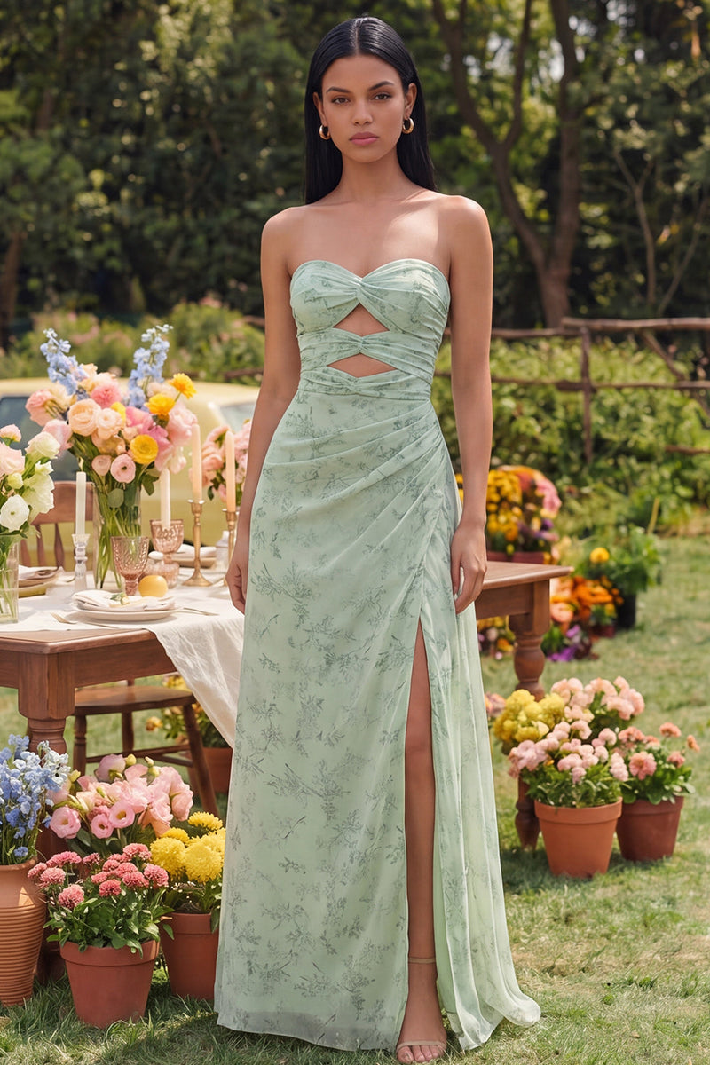 Laden Sie das Bild in den Galerie-Viewer, Trägerloses, staubiges Salbei-Blumen-Maxikleid mit Schlitz
