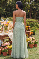 Laden Sie das Bild in den Galerie-Viewer, Trägerloses, staubiges Salbei-Blumen-Maxikleid mit Schlitz