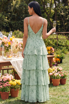 Staubiges Salbei-Blumen-A-Linie-Stufen-Maxikleid