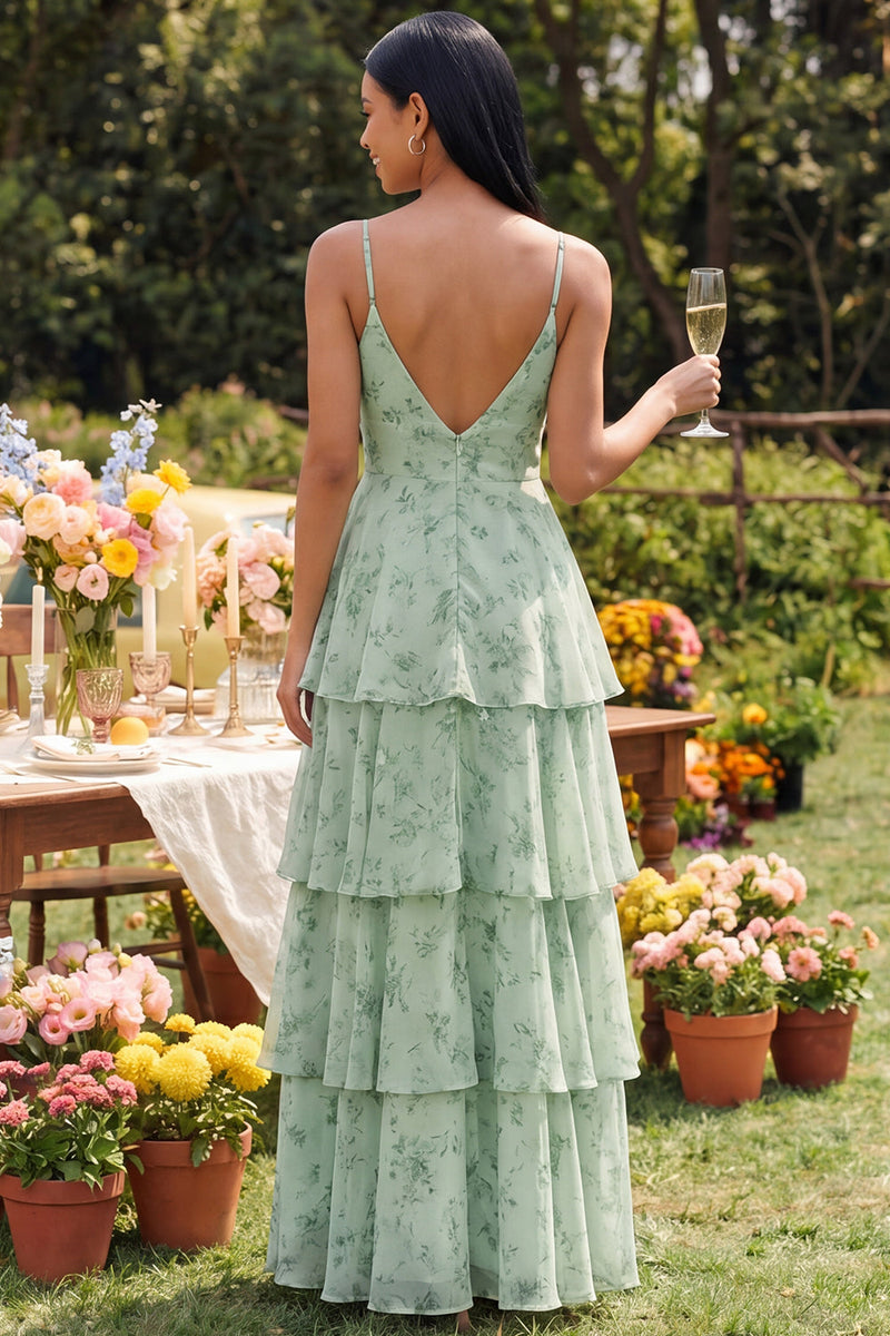 Laden Sie das Bild in den Galerie-Viewer, Staubiges Salbei-Blumen-A-Linie-Stufen-Maxikleid