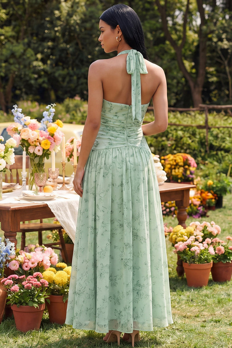 Laden Sie das Bild in den Galerie-Viewer, Halter Dusty Sage Floral A-Line Maxi-Kleid