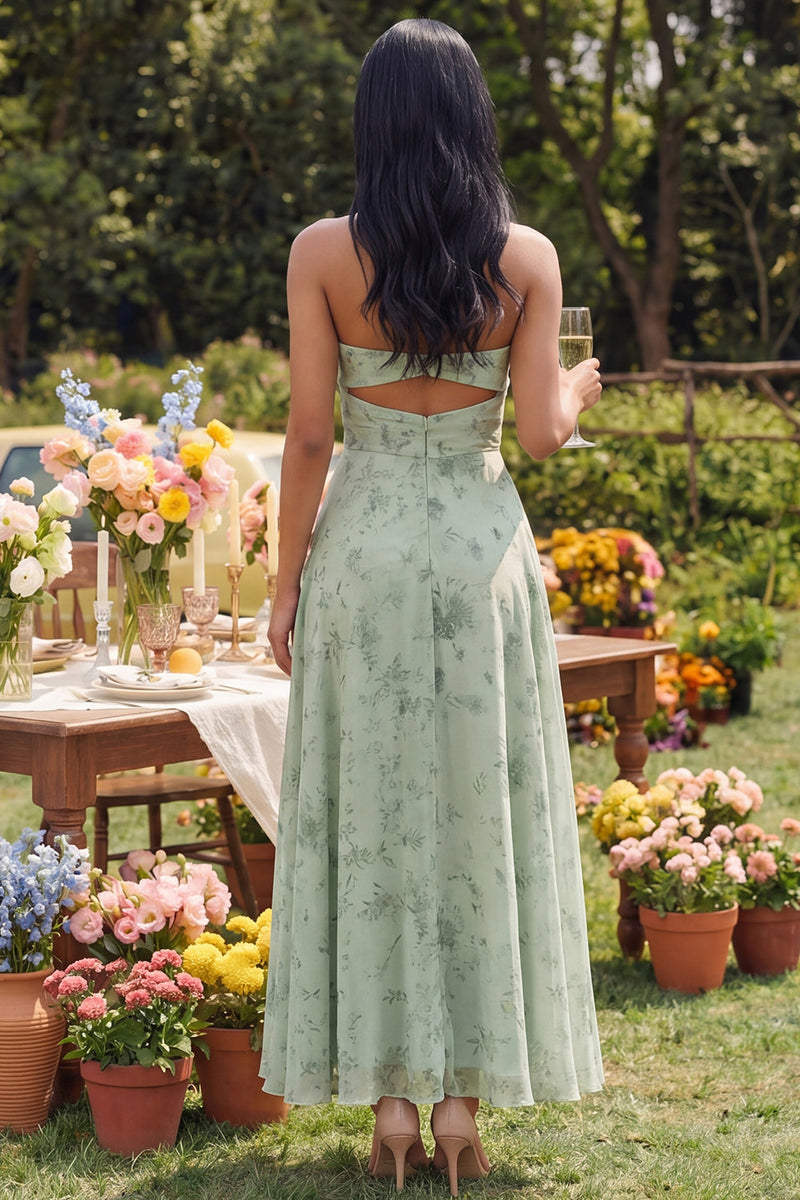 Laden Sie das Bild in den Galerie-Viewer, Trägerloses Dusty Sage A Line Maxi Blumenkleid