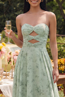 Laden Sie das Bild in den Galerie-Viewer, Trägerloses Dusty Sage A Line Maxi Blumenkleid