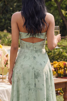 Laden Sie das Bild in den Galerie-Viewer, Trägerloses Dusty Sage A Line Maxi Blumenkleid