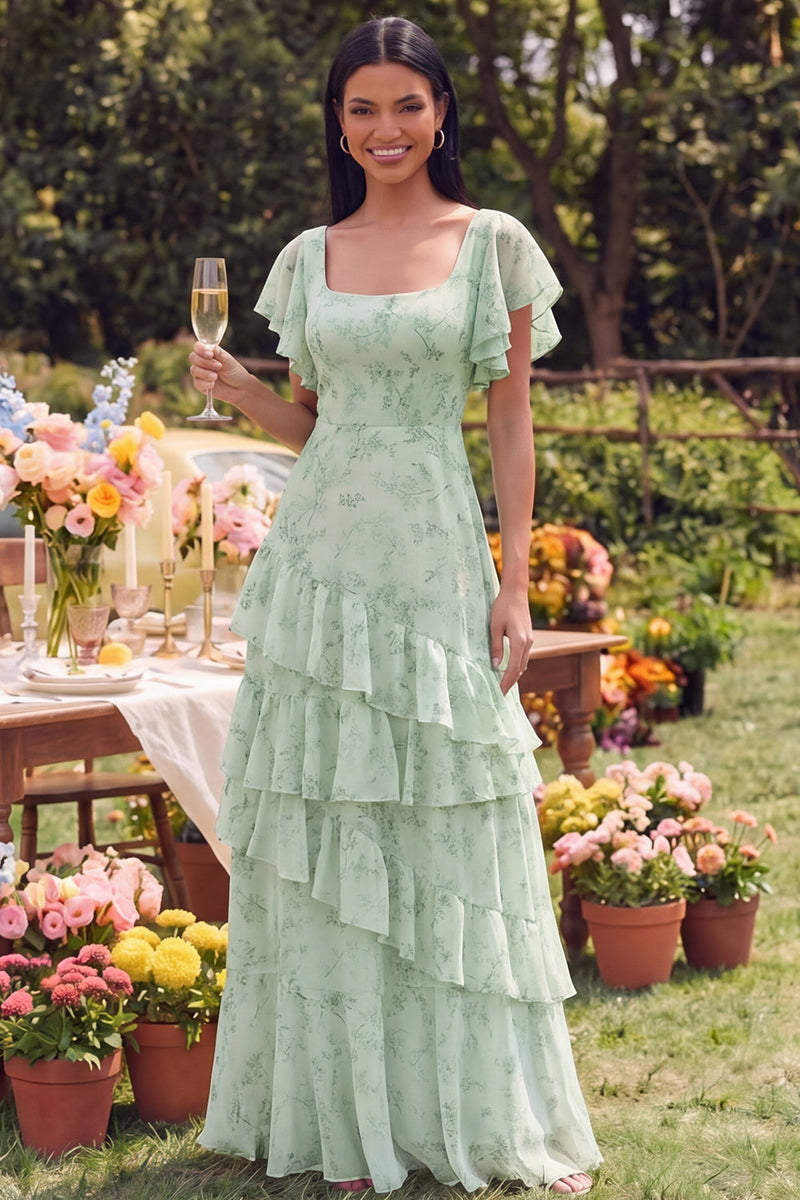 Laden Sie das Bild in den Galerie-Viewer, Staubiges Salbei-Blumen-Quadrathals-Flatter-Ärmel-A-Linien-Rüschen-Maxikleid