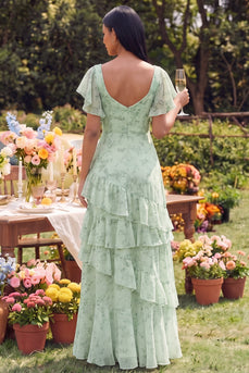 Staubiges Salbei-Blumen-Quadrathals-Flatter-Ärmel-A-Linien-Rüschen-Maxikleid