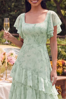 Laden Sie das Bild in den Galerie-Viewer, Staubiges Salbei-Blumen-Quadrathals-Flatter-Ärmel-A-Linien-Rüschen-Maxikleid