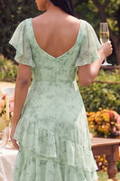Laden Sie das Bild in den Galerie-Viewer, Staubiges Salbei-Blumen-Quadrathals-Flatter-Ärmel-A-Linien-Rüschen-Maxikleid