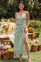 Laden Sie das Bild in den Galerie-Viewer, Staubiges Salbei-Blumen-Spaghetti-Träger mit Rüschen-Maxi-Kleid mit Schlitz