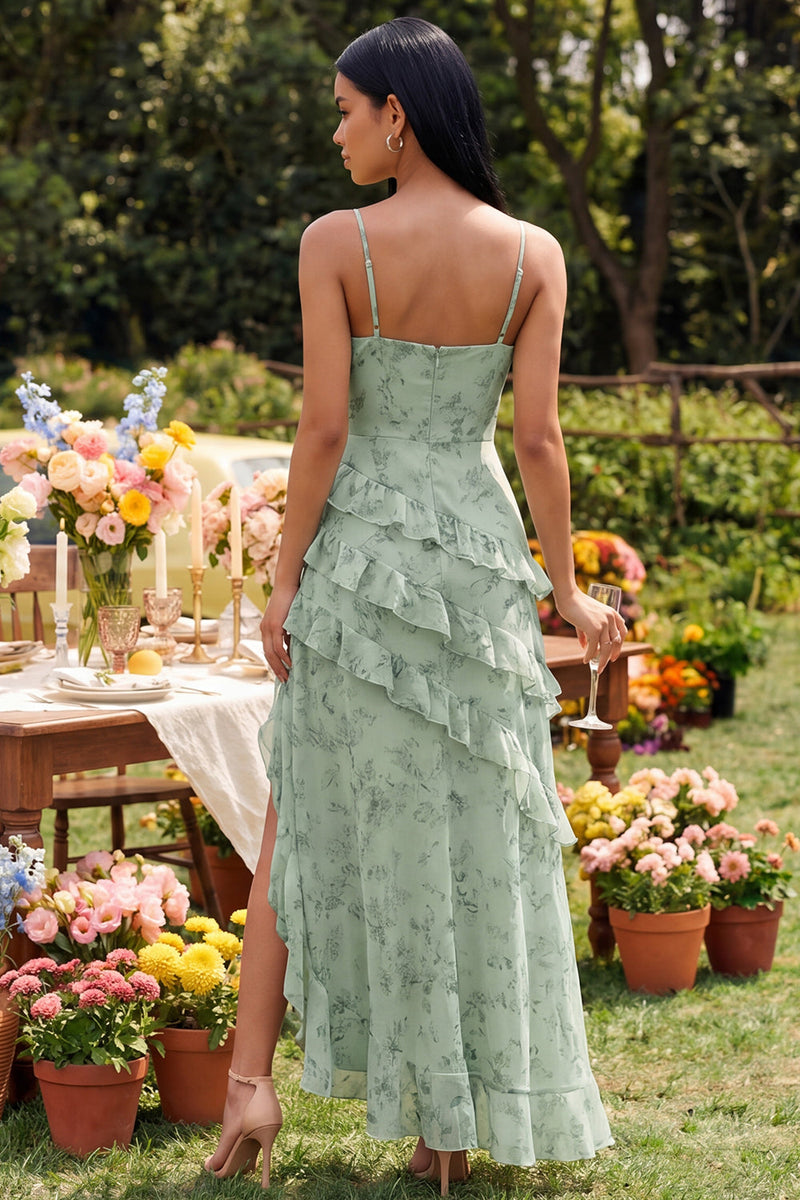 Laden Sie das Bild in den Galerie-Viewer, Staubiges Salbei-Blumen-Spaghetti-Träger mit Rüschen-Maxi-Kleid mit Schlitz