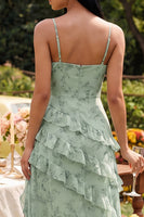 Laden Sie das Bild in den Galerie-Viewer, Staubiges Salbei-Blumen-Spaghetti-Träger mit Rüschen-Maxi-Kleid mit Schlitz