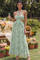 Laden Sie das Bild in den Galerie-Viewer, Neckholder-Schnitt mit Rüschen staubiges Salbei-Blumenkleid A-Linie Maxi-Kleid