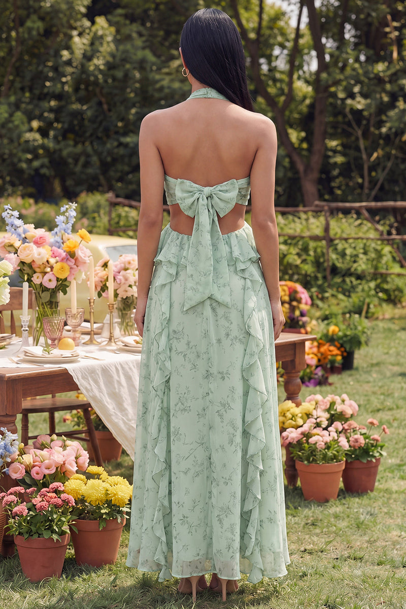 Laden Sie das Bild in den Galerie-Viewer, Neckholder-Schnitt mit Rüschen staubiges Salbei-Blumenkleid A-Linie Maxi-Kleid