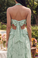 Laden Sie das Bild in den Galerie-Viewer, Neckholder-Schnitt mit Rüschen staubiges Salbei-Blumenkleid A-Linie Maxi-Kleid