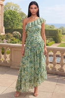 Laden Sie das Bild in den Galerie-Viewer, Ein schulteriger staubiger grüner Rüschen-A-Linie asymmetrisches Maxi-Blumenkleid