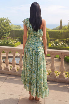 Ein schulteriger staubiger grüner Rüschen-A-Linie asymmetrisches Maxi-Blumenkleid