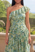 Laden Sie das Bild in den Galerie-Viewer, Ein schulteriger staubiger grüner Rüschen-A-Linie asymmetrisches Maxi-Blumenkleid