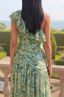 Laden Sie das Bild in den Galerie-Viewer, Ein schulteriger staubiger grüner Rüschen-A-Linie asymmetrisches Maxi-Blumenkleid