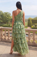Laden Sie das Bild in den Galerie-Viewer, Ein Schulter staubiges grünes Blumenkleid mit einer Linie und gestuftem Maxikleid
