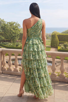 Ein Schulter staubiges grünes Blumenkleid mit einer Linie und gestuftem Maxikleid