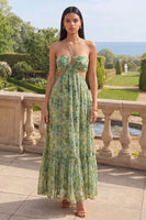 Laden Sie das Bild in den Galerie-Viewer, Halter-Schnitt Staubgrünes Blumen-A-Linie Maxi-Kleid