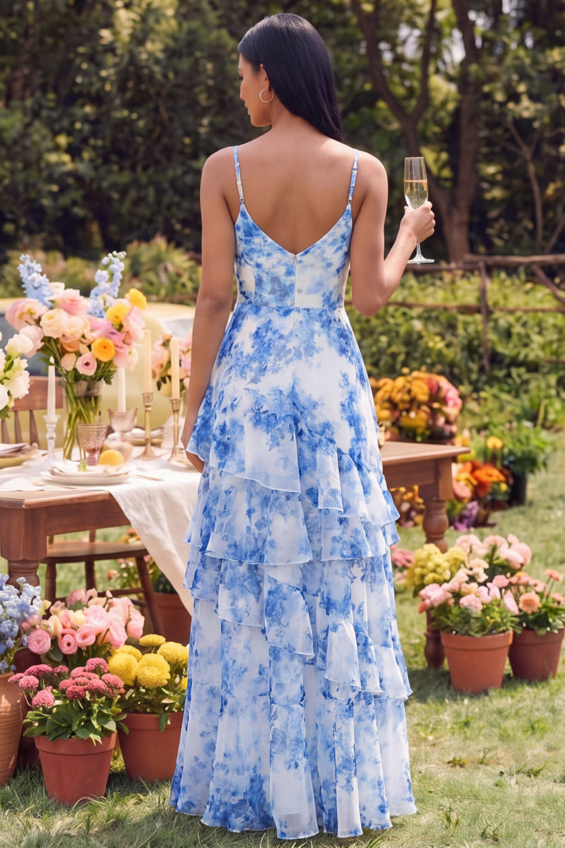 Laden Sie das Bild in den Galerie-Viewer, Weißblaue Blumen-Spaghettiträger – ein liniengebundenes Maxikleid mit Rüschen