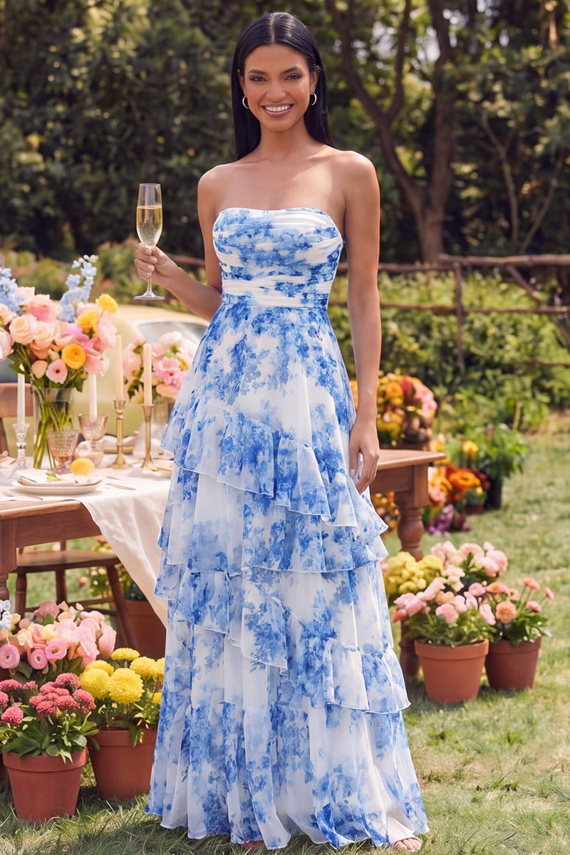 Laden Sie das Bild in den Galerie-Viewer, Weißblaues, geblümtes Trägerloses Maxikleid mit Rüschen A-Linie