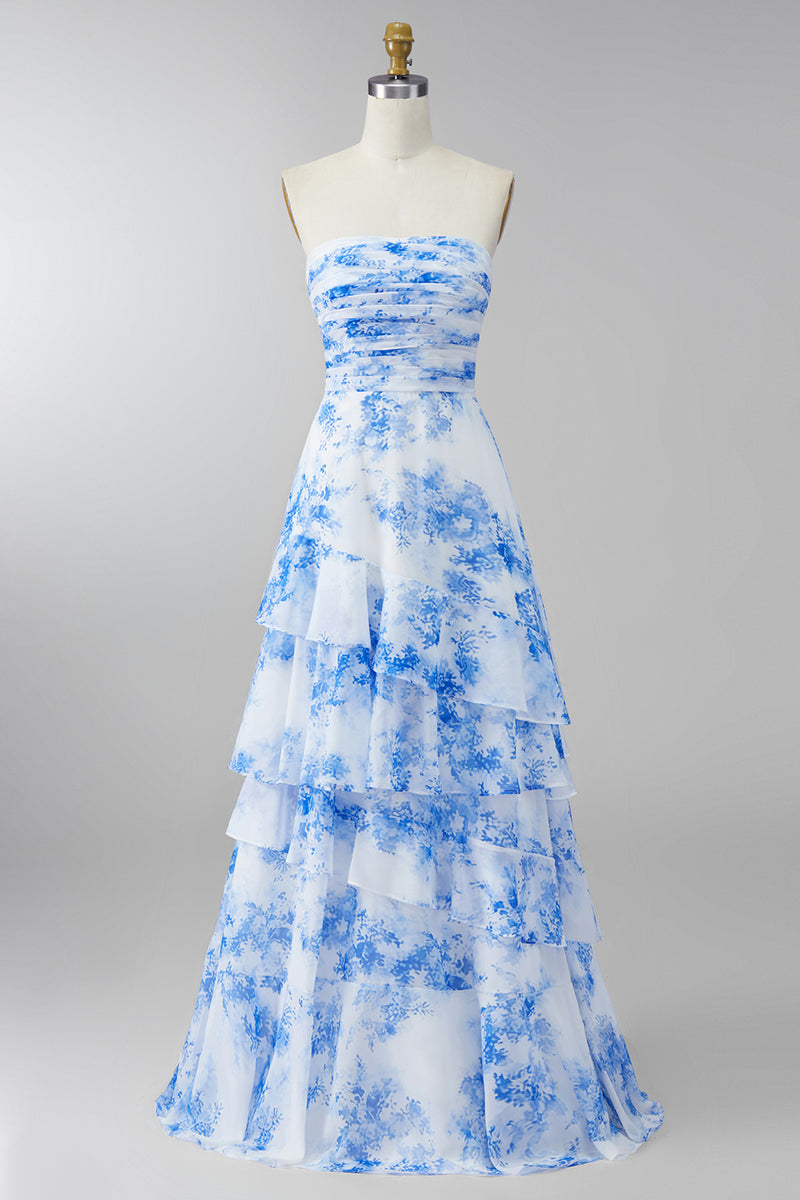 Laden Sie das Bild in den Galerie-Viewer, Weißblaues Geblümtes Trägerloses Maxikleid mit Rüschen A-Linie