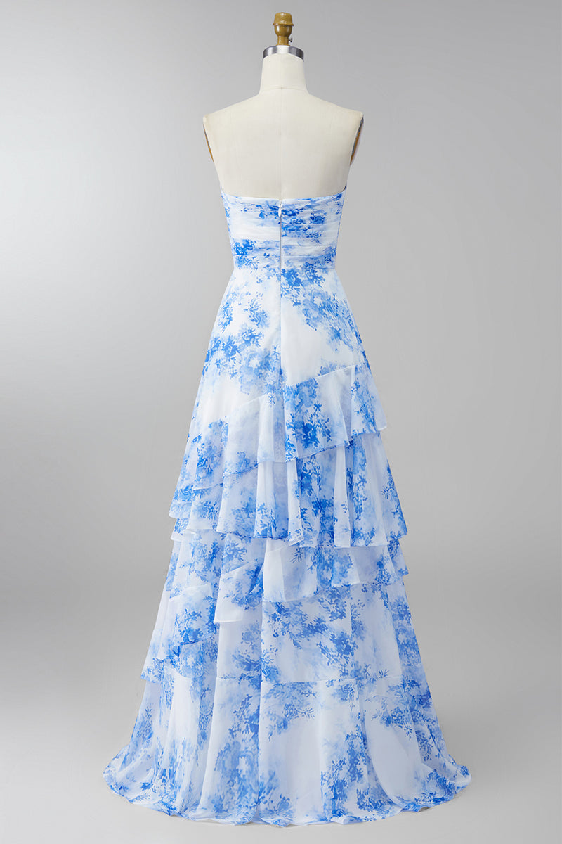 Laden Sie das Bild in den Galerie-Viewer, Weißblaues Geblümtes Trägerloses Maxikleid mit Rüschen A-Linie