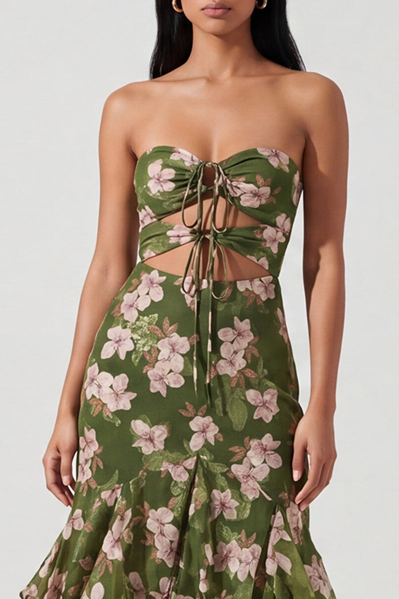 Laden Sie das Bild in den Galerie-Viewer, Dunkelgrünes, geblumiges, trägerloses Meerjungfrauen-Maxikleid mit Rüschen
