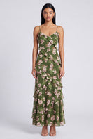 Laden Sie das Bild in den Galerie-Viewer, Dunkelgrünes Blumen-Spaghettiträger-Scheiden-Maxikleid mit Rüschen